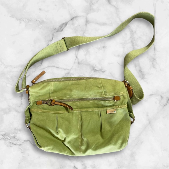 Fossil green canvas & leather hobo bag - Picture 2 of 6